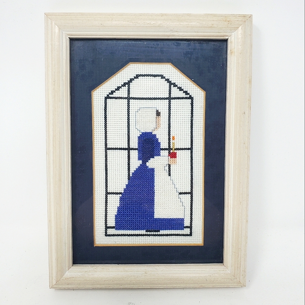 VTG Framed Blue Amish/Colonial Woman with Candle Cross-stitch Crewel Embroidery